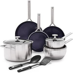 Blue Diamond Cookware Triple Steel Edelstahl Diamantverstärkte Keramik Antihaft 11-teiliges Kochgeschirr, Bratpfannen, Kochtöpfe, PFAS-frei, Mehrschichtig, Induktion, Spülmaschinen- und ofenfest, Silber