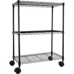 Heavy Duty 3 Shelf with Wheels, Adjustable Storage Units, Steel Organiser Wire Rack, 58W x 33D x 76H cm, Black