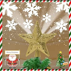 Christmas Tree Star Topper Illuminated with Rotating LED Snowflake Projector, 3D Gold Glitter Hollow Star Tree Topper, Star Night Light for Christmas Tree Decoration, Golden Star Tree Topper