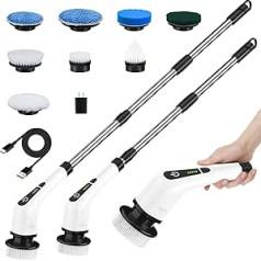 Electric Cleaning Brush, Electric Spin Scrubber Cordless with 8 Interchangeable Drill Brush Heads, Tub and Floor Tile Mop Set with 137 cm Adjustable Handle for Bathroom Kitchen Car Floor (White)
