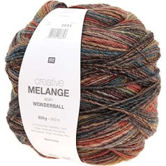 Rico Creative Melange Aran Wonderball Color 13, krāsu gradienta vilna, adatas izmērs 5 mm adīšanai vai tamborēšanai, vilna 200 g bumbiņa