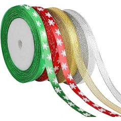 JUNEBRUSHS 4 Rollen 91,4 m Weihnachtsband zum Verpacken von Geschenken, 10 mm breit, Schneeflocken-bedruckte Organza-Satinbänder für DIY Handwerk Ostern Urlaub Party Dekorationen