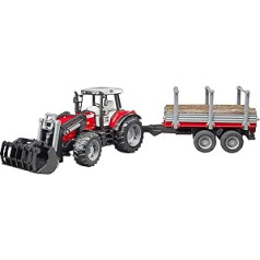 brālis 02046 - Massey Ferguson 7480 ar frontālo iekrāvēju, malkas transportēšanas piekabi, 3 koku stumbriem - 1:16 traktora traktora transportēšanas piekabe zema profila lauksaimniecība lauksaimniecības rotaļlieta