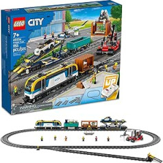 Lego City kravas vilciena komplekts, 60336 tālvadības rotaļlieta bērniem vecumā no 7 + ar skaņām, 2 vagoni, automašīnas transportētājs, 33 kāpurķēžu daļas un 2 EV automašīnu rotaļlietas