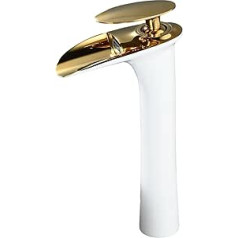 Bathroom Ship Faucet Waterfall Sink Faucet Single Hole Tall Ship Bathroom Faucets, White & Gold, Solid Brass SHUNLI