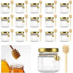 Thatsrad Pack of 20 Mini Glass Honey Jars with Wooden Ladle Screw Jars 45 ml Preserving Jars Small Jam Jars Hexagon Mini Glass Honey Jars Tasting Jars Honey Jars for Party Favours