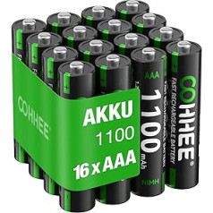 Oohhee 16 x AAA NI-MH batteries, rechargeable AAA batteries, 1.2 V micro AAA battery, 1100 mAh high capacity, low self-discharge, with battery protective box