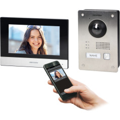 HIKVISION DS-KIS703-P 2 vadu vienas ģimenes video domofona komplekts ar 7" monitoru un Full HD kameru un lietojumprogrammu vadību, uzstādīts uz virsmas vai ieplakājams, IP65