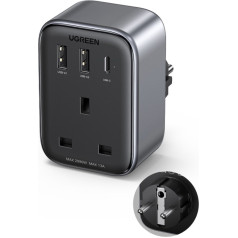 Зарядное устройство 2in1 EU, 2x USB, адаптер USB-C + UK, черный