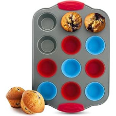 Boxiki Kitchen 12-teiliges Mini-Muffinblech ar Silikon-Muffin-Einsätzen. Professionelles Cupcake-Blech zum Backen von Muffin-Formen, Mini-Muffin-Blech aus nicht-klebendem Stahl