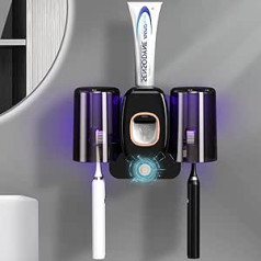Toothbrush Holder for Bathroom, Automatic Toothpaste Dispenser, Space Saving Toothbrush and Toothpaste Holder, Toothbrush Holder, Wall Mounted with 2 Cups for Bathroom (Black)