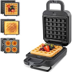 Belgian Waffle Iron Mini 3-in-1 Sandwich Maker with Changing Plates Doughnut Maker, Contact Grill, Sandwich Toaster, Electric, Panini, Non-Stick Coating, Dishwasher Safe, 600 W, Grey BEZIA