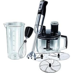 MPM MBL-11 Stabmixer-Set, Mixstab, Schnee-Besen, Multi-Messer, Zerkleinerungsbecher 1750ml, 3 Schneidscheiben, Edelstahl, BPA-frei, Turbo-Funktion, 800W, 1750 mililitri, Schwarz