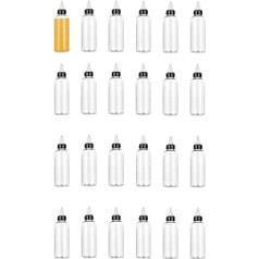 24 iepakojumi caurspīdīgas dozēšanas pudeles 2 unces plastmasas izspiežamās pudeles ar pagriežamu vāciņu eļļām, tintēm, šķidrumiem, mājsaimniecības pudelēm, virtuvei, ēdiena pagatavošanai