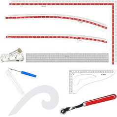 Liquidraw šūšanas lineāls, drēbnieka komplekts ar 9 rakstu veidotājiem, šūšanas lineāli un izliekumi, komplekts ar gurnu un kāju izliekumu, gradācijas lineāli stepēšanai, mērīšanai un rakstu veidošanai, imperatora metrika