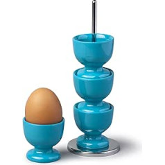 Zeal Stack and Store Set of 4 Aqua Melamine Egg Cups with Chrome Tray and Carry Stand - G277A