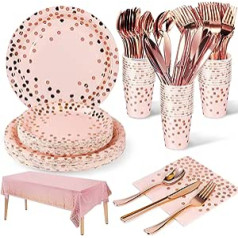 141 gabala rozā zelta trauki ballītēm, ballīšu piederumi, papīra šķīvju komplekts, atkārtoti lietojams papīra galda piederumu komplekts, ieskaitot galdautu, šķīvjus, krūzes, salvetes dzimšanas dienai, kāzām, jubilejām (20 viesiem)