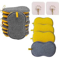 12 Washable and Reusable Sponges Microfiber Heavy Duty Kitchen Sponge Eco-Friendly Machine Washable Anti-Scratch Multi-Sided + 2 Adhesive