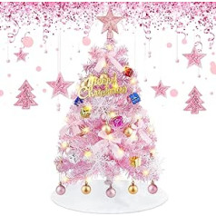 Winthai 60 cm Mini Christmas Tree Pink Artificial Small Christmas Tree Table Top, Rich Christmas Tree Bauble Ornaments, Miniature Christmas Tree Table Top for Christmas Kitchens Dining Table