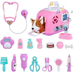 Girls Doctors Vet Set Toys for Kids, 20 Pieces Dog Toys Pet Vet Playset, Pink Pet Vet Role Playing Toy, Suitcase with Electronic Doorbell and Barking, Christmas, Birthday for Girls 3 4 5 6 7 Years Old