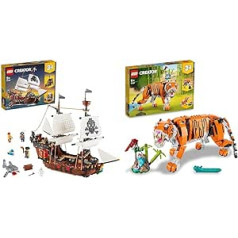 LEGO 31109 Creator 3-in-1 pirātu kuģis un 31129 Creator Majestic Tiger, Panda vai Fish, 3-in-1 dzīvnieku figūru komplekts, rotaļlieta bērniem, celtniecības rotaļlieta ar dzīvniekiem