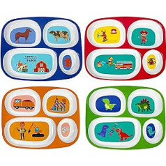 4E's Novelty 4 Melamine Dinner Plates Kids Boys Plastic Divided Plates Dinnerware Set for Picky Eaters BPA Free Construction Dinosaur Fireman Farm Animal