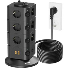 14-Way Socket Tower Charging Station with 2 USB C and 2 USB A (4.8 A Total), SAFEMORE Multiple Socket Surge Protection, 4000 W/16 A Power Splitter with Switch for Home Office, 2 m Cable, Black