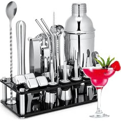 23-Piece Cocktail Shaker Set, Cocktail Mix Set, Stainless Steel Bartender Kit Comes With 750 ml Shaker, Acrylic Stand, Cocktail Book, Measuring Cup, Ice Tongs, etc., Cocktail Accessories, Ideal for