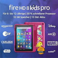 Fire HD 8 Kids Pro planšetdators | 8 collu HD displejs, 6–12 gadi, 30% ātrāks procesors, 13 stundu akumulatora darbības laiks, bērniem piemērots futrālis, 32 GB, 2022. gada izlaidums, Rainbow Universe