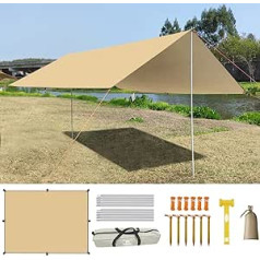 3 x 3 m Tent Tarpaulin Waterproof with Tent Poles PU 2000 mm UV 50+ Tarp Ultralight Awning Multifunctional Camping Tarp for Outdoor Garden Hammock