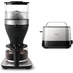 Philips Filter Coffee Maker - 1.25L Capacity, up to 15 Cups, Boil & Brew, Black/Silver (HD5416/60) & HD2637/90 Toaster, 7 Levels, Bun Attachment, Stop Button, 1000 W, Black/Stainless Steel