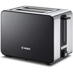 Bosch Kompakt Toaster ComfortLine TAT7203, integrators Edelstahl-Brötchenaufsatz, ar Abschaltautomatik, ar Auftaufunkn, perfekts für 2 Scheiben Toast, breit, 1050 W, Edelstahl / schwarz