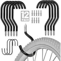 EJG Pack of 12 Tool Hooks, Garage Storage Hooks, Robust Double Hooks, Wall Hooks for Organising Power Tools, Ladders, Bikes, Skateboard, Ropes, DIY Garage Organisation