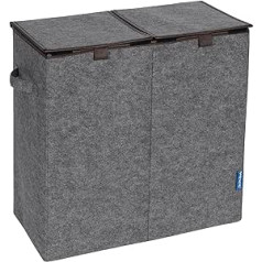 WENKO Laundry Hamper Duo Grey/Brown, Sturdy Laundry Basket Made of Recycled Felt with 2 Compartments & Separate Hinged Lids, Carry Handle for Easy Transport, 82 Litre Volume, (W x H x D): 52 x 54 x 28