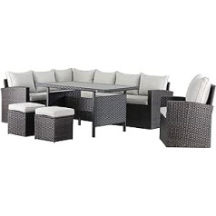 Mandalika Garden New Milos XL High Dining Poly Rattan Lounge ar vienu krēslu un diviem krēsliem, kas atstāti brūnā krāsā, var izmantot arī spoguli apgrieztu