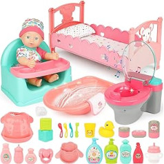 deAO Baby Dolls with Lifelike Function, 33 cm Bath Doll with Romper Doll Bath Bed Seat, Can Drink and PIPI, 31 Pieces Toy Doll with Accessories, Gift Set for Children from 3 Years