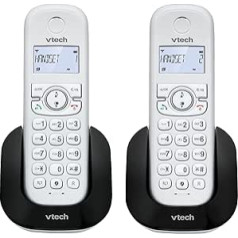 Vtech CS1501 bezvadu DECT tālrunis ar divām klausulēm, zvanu bloķēšanu, zvanītāja ID/gaidošo zvanu, brīvroku zvanu, apgaismotu displeju un tastatūru