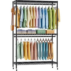 Fteyuet Clothes Rack on Wheels, Clothes Rail, Heavy Duty Clothes Rack, Metal Coat Stand, Clothes Rack, Wardrobe with 3 Clothes Rails and Shelf, Hook, 120 x 45 x 205 cm, Black