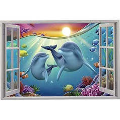 Anhuib 3D delfīnu sienas uzlīmes viesistabai 3D okeāna zivju sienas uzlīmes guļamistabai jūras dzīvniekiem sienas uzlīmes vaļu tropu zivju jūras dzīvnieki mājas dekors 63x42cm