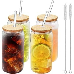 VAIDPRO 4er-Set Glasbecher mit Bambusdeckel und Strohhalmen, 590 ml, Dosenform, Biergläser, Eiskaffeetassen, niedlicher Becher mit 2 Reinigungsbürsten, ideāls für Bubble Tea, Smoothie, Saft