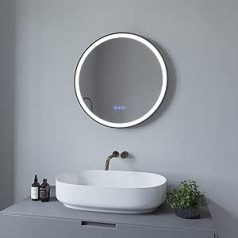 AQUABATOS® Bathroom Mirror with Lighting Round 60 cm Black Frame LED Wall Mirror Bathroom Mirror Anti-Fog Mirror Heating Light Mirror 3 Light Colours Dimmable Touch Switch for Wall Switch