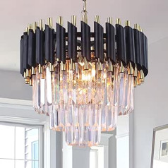 FRIXCHUR Moderne Kristall Kronleuchter 3 līmeņu Kristall Kronleuchter Licht 15,7 '' Schwarz und Gold Hängeleuchten Regentropfen Flush Mount Kronleuchter für Wohnzimmer Küche Insel Foyer E14x5 Birne…