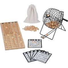 Relaxdays Bingo spēle, Lot Drum, 75 bumbas, 18 kārtis, 150 žetoni, spēļu galds, bērni, pieaugušie, koks, dabīgs/melns