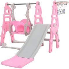 FUKEA bērnu slidkalniņš āra un iekštelpu zīdaiņu slidkalniņš 4 vienā ar šūpolēm basketbola stīpām kāpšanas kāpnēm mini slidkalniņu komplekts bērnu rotaļu laukums bērnu šūpoles bērnu šūpoles rozā krāsā