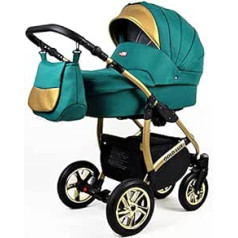 Lux4Kids Golden Glow 3-in-1 Mega komplekts Buggy autosēdeklītis bērnu sēdeklītis sporta sēdeklis Isofix Ocean Green 3-in-1 ar autosēdeklīti