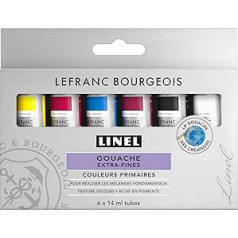 Lefranc & Bourgeois 301239 Linel Gouache Extra Fine and Smooth Watercolours with Maximum Colour Intensity, Luminosity for Streak-free Application - 6 Primary Colours Mixing Set