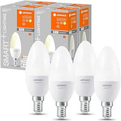 LEDVANCE viedā LED lampa ar WiFi tehnoloģiju, E14 ligzda, regulējama, silti balta (2700 K), aizstāj kvēlspuldzes ar 40 W, SMART+ WiFi svece, regulējama, 4 gab. iepakojumā