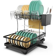 karadrova Dish Drainer Dish Drainer & Dish Cloth Holder, Small Drainer Sink, 2 Tier Dish Drying Rack for 1-3 People, Black, Metal