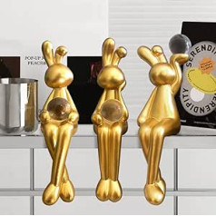 3 Pieces Gold Decor Statue Home Decoration Sculpture Accent, Modern Art Cute Thinker Rabbit Animals Collectible Seat Figures, Resin Living Room Book Shelf Coffee Table Ornaments, Gold