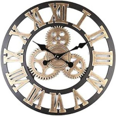 3D Large Classic Vintage Wooden Noiseless Silent Gear Wall Clock Retro Equipment Hanging Clock Roman Numerals Horologist European Style Steampunk Industrial Decor for Living Room, Bar, Gold, 60 x 60